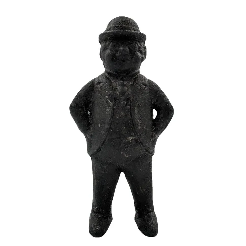 Antique Cast Iron Standing Man Still Coin Bank Suit Hat Vintage Figural